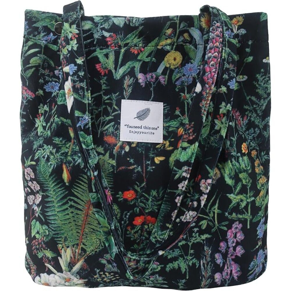 Women Black Plant Imported Corduroy Small Canvas Shoulder Handy Tote Bag